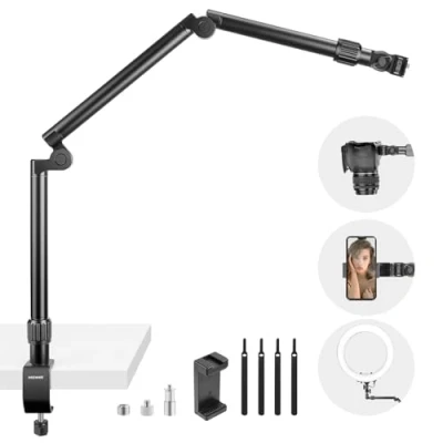 Abbildung von NEEWER Flexible Overhead Kamerahalterung Tischstativ mit Telefonhalterung, 35,4&quot; Aluminium Gelenk Webcam Stand Arm C Klemme, Tisch Kamera Halterung für Ringlicht Smartphone Projektor, ST3A
