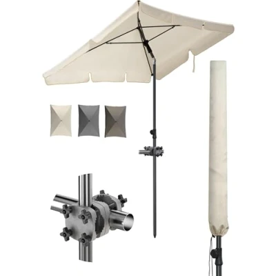 Abbildung von Menz Sonnenschirm Balkon 3 teiliges Komplettset, Beige UPF 50+ rechteckig 200 x 125 cm + robuster Sonnenschirmhalter Balkongeländer Sonnenschirmhülle, Sonnenschutz