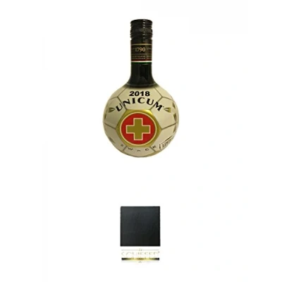 Abbildung von Unicum Kräuterlikör Fussballedition 0,7 Liter + Schiefer Glasuntersetzer eckig ca. 9,5 cm Durchmesser