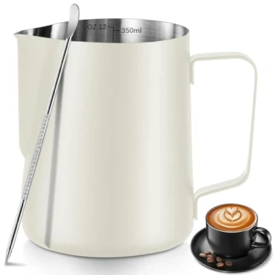 Abbildung von Milchkännchen zum Aufschäumen, 350 ml, Edelstahl, mit Latte Art Stift, Innenmaßen, für Cappuccino, Espresso und mehr (weiß)
