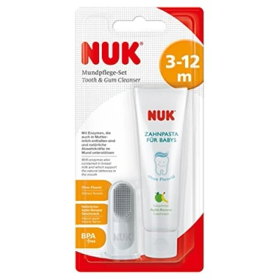 Abbildung von NUK Mundpflege Set mit Baby Zahnpasta und natürlichem Apfel Banane Geschmack, incl. Fingerzahnbürste, BPA frei, ohne Fluorid, 1 Stück