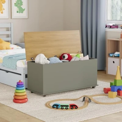 Abbildung von Vida Designs Arlington Spielzeugkiste grau Holz Kinder Aufbewahrungsbox Truhe mit Deckel, Abdeckungen und Decken, Kids Tidy Bin