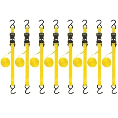 Abbildung von Stanley S1000 Spanngurte mit Ratsche, 2,5 cm x 3 m, Leichter Frachttransport (0,7 kg Bruchfestigkeit), 8 Stück, Schwarz/Gelb