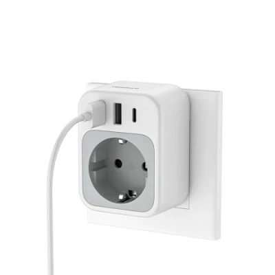 Abbildung von TESSAN Steckdose mit USB C 15 W, Steckdosenadapter 3 USB, Mehrfachstecker für 3600 Schuko Stecker Kompatibel Phone und Haushaltsgeräte, Grau