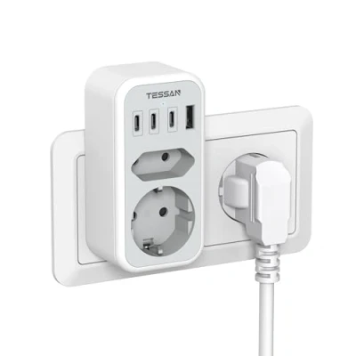 Abbildung von TESSAN Doppelstecker für Steckdose, Steckdosenadapter mit 3 USB C und 1 A, Mehrfachstecker 3600W, Doppelsteckdose Phone, Mehrfachsteckdose C, Grau