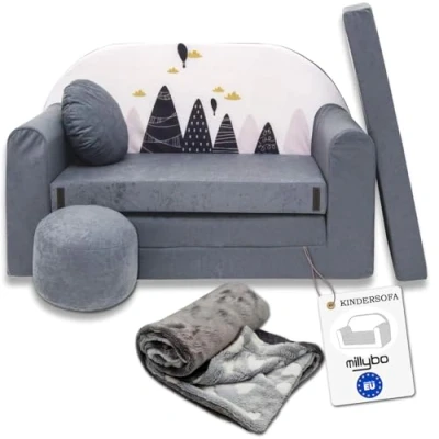 Abbildung von millybo Kindersofa Kinder Couch mit Schlaffunktion ausklappbar 3in1 Sofa Spielsofa Bettfunktion Mädchen Jungen Sitzsack Minisofa Schlafsofa Kinderzimmer Schlafsessel Grau AX2