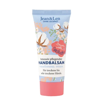 Abbildung von Jean &amp; Len Handbalsam Baumwolle Sheabutter, Handpflege für trockene bis sehr Hände, pflegt intensiv und ist dabei besonders mild, ohne Parabene Silikone, vegan, Mini Handcreme, 20 ml