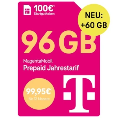 Abbildung von Telekom MagentaMobil Prepaid Jahrestarif 96 GB (8 GB/Monat) I Surfen mit 5G/ LTE Max &amp; Allnet Flat (Min, SMS) in alle dt. Netze Datenmitnahme Basic Roaming Hotspot 100 EUR Startguthaben