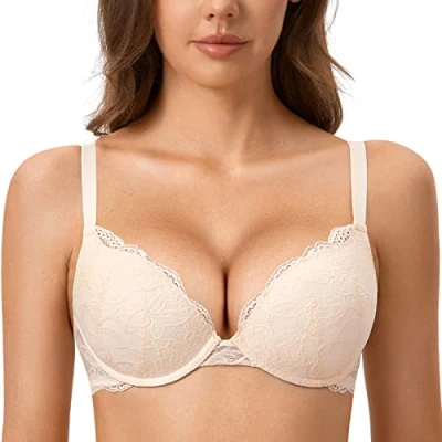 Abbildung von DOBREVA Damen Push Up BH Mit Spitze Gepolstert Plunge Bügel Vollschalen BHS Gemoldete Cups Rose White 90C