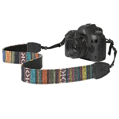 Abbildung von MoKo Kameragurt, Baumwolle Leinwand Tragegurt Geflochten Verstellbar Kamera Schultergurt Nackengurt für Alle DSLR Digitalkamera Canon Fuji Nikon Olympus Pentax Sony, Bunter Streifen