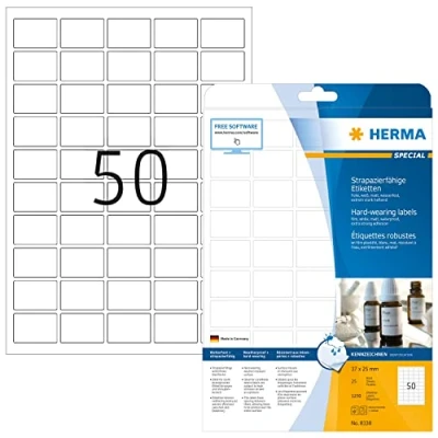 Abbildung von HERMA 8338 Wetterfeste Folienetiketten, 800 Blatt, 37 x 25 mm, 50 pro A4 Bogen, 40000 Stück, selbstklebend, bedruckbar, matt, blanko Klebeetiketten Aufkleber aus Folie, weiß
