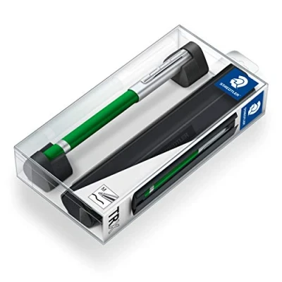 Abbildung von STAEDTLER TRX 412TRX5M 9ST Tintenroller (ergonomische Dreikantform, samtweiche Aluminium Oberfläche, Aufsteckkappe mit Metallclip, Refill, Strichstärke M, Schreibfarbe: schwarz) grün