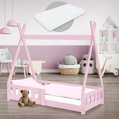 Abbildung von ML DESIGN Kinderbett Hausbett mit Rausfallschutz und Lattenrost Massivholz, Bett 70x140 cm Rosa Matratze 10cm Kiefernholz Zaun
