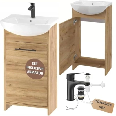 Abbildung von Deftrans waschbecken mit unterschrank 46,5 x 24,5 84 cm waschtisch Eiche, gäste wc und Waschtischarmatur 45