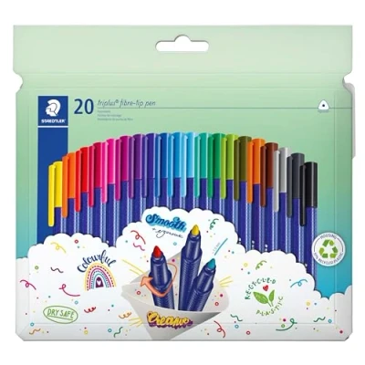 Abbildung von STAEDTLER triplus color 323 dreikantiger Fasermaler, eindrucksichere Spitze, Linienbreite 1 mm, kindgerecht, Kartonetui mit 20 ST aus recyceltem Kunststoff, sortierte Farben, C20