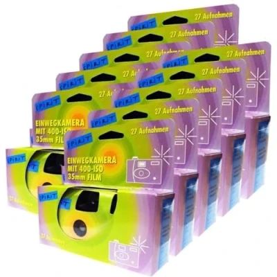Abbildung von 10X 1A PHOTO PORST Einwegkamera Edition Spirit in grün, bunt, mit Blitz, Batterien und Film (10er Pack, je 27 Aufnahmen)