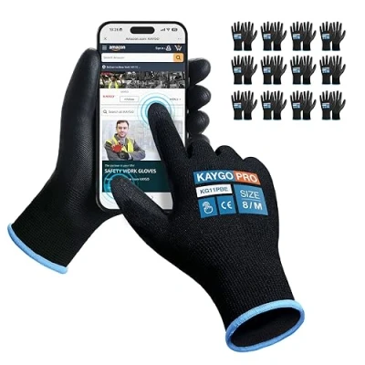 Abbildung von KAYGO 12 Paar Arbeitshandschuhe Touchscreen PU beschichtet Schutzhandschuhe, antirutsch Griff an Handflächen und Fingern, Geeignet für DIY allgemeine Arbeit Gartenarbeit (Schwarz, M, Gr 8)