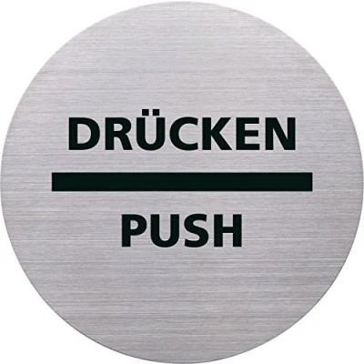 Abbildung von helit H6271700 Piktogramm Drücken / Push, Ø115 mm, selbstklebend mit Klebepad, Edelstahl