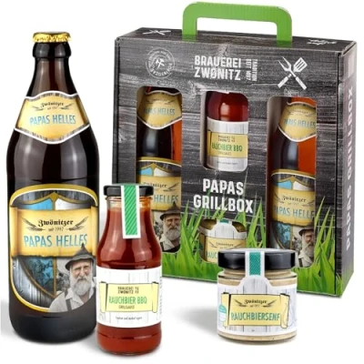 Abbildung von Brauerei Zwönitz Papas Grillbox Grill Set mit Bier, Senf &amp; BBQ Sauce/BBQ Geschenkset/Grill Geschenke für Männer/BBQ Zubehör/Geschenke Grillfans/BBQ Geschenk