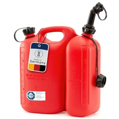 Abbildung von hünersdorff ECO Doppelkanister / Kombikanister für Kraftstoff und Öl mit zwei Einfüllsystemen, 5,5 + 3 Liter, UN Zulassung, Made in Germany