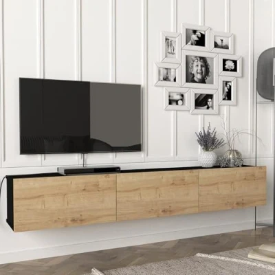 Abbildung von [en.casa] Fernsehschrank Vihti mit 3 Staufächern Lowboard 180x31x29,5cm Hängeboard schwebend Schwarz/Eiche
