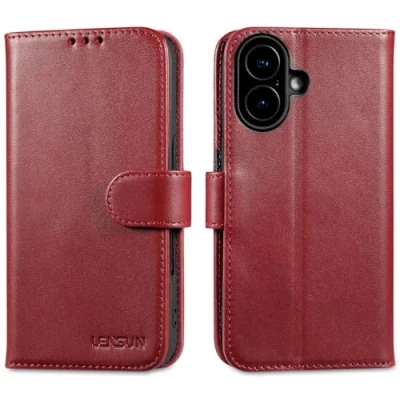 Abbildung von LENSUN Lederhülle für iPhone 16, Handyhülle Echt Leder [Magnetverschluss][Kartenfach] Echtleder Hülle Handytasche Schutzhülle Kompatibel mit 16 5G Weinrot