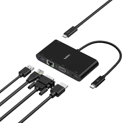 Abbildung von Belkin CONNECT USB C auf Gigabit Ethernet/HDMI/VGA/USB A Adapter, 100W PD, schwarz (AVC004btBK)