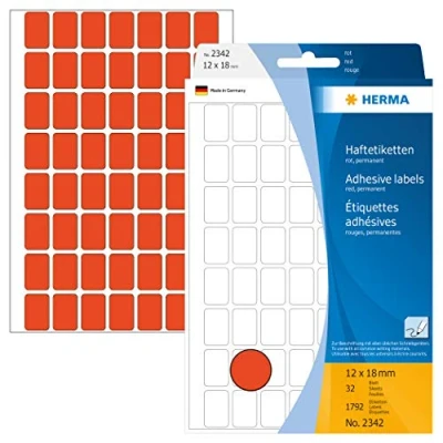 Abbildung von HERMA 2342 Vielzweck Etiketten, 1792 Stück, 12 x 18 mm, 56 pro Bogen, selbstklebend, Haushaltsetiketten zum Beschriften, matt, blanko Papier Klebeetiketten Aufkleber, rot