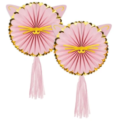 Abbildung von Papier Rosetten Deko 26cm 2er Set Katzen mit Ohren Papierrosetten zum Aufhängen Kleben Dekorieren Papierfächer Geburtstagsdeko Kindergeburtstag Papierdeko &amp; Partydeko Rosa Gold