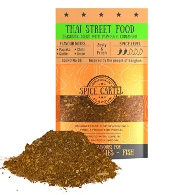 Abbildung von Spice Cartel&#039;s Thai Street Food. Authentische thailändische Gewürzmischung für Hühnchen, Schweinefleisch und Meeresfrüchte. 100 g wiederverschließbare Packung, Seasons 3 kg+ Protein.