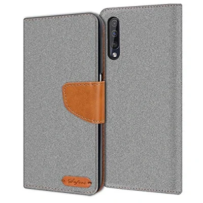 Abbildung von Verco Galaxy A50 Hülle, Samsung A30s Hülle Schutzhülle für Tasche Denim Textil Book Case Flip Klapphülle, Grau