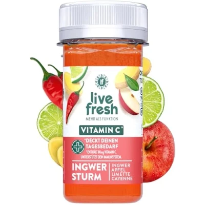 Abbildung von LiveFresh Ingwer Sturm Shot mit Vitamin C Aus 100% frischem Apfel, Ingwer, Limette &amp; Cayennepfeffer Natürlich Kaltgepresst 24 x 60ml