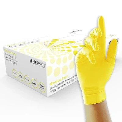 Abbildung von UNIGLOVES Pearl GP0114 Nitril Untersuchungshandschuhe, Gelb, Größe L (Packung mit 100 Stück)