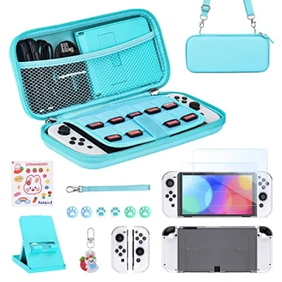 Abbildung von Younik Switch OLED Zubehör Bundle, 15 in 1 Kit enthalten Tragetasche, Verstellbarer Ständer, Schutzhülle für Konsole &amp; J Con (blau)
