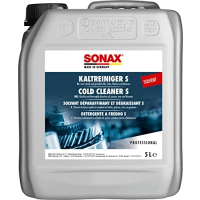 Abbildung von SONAX KaltReiniger S (5 Liter) auf Lösemittelbasis zur Reinigung von öl und fettverschmutzten Teilen Aggregaten Werkzeugen Art Nr. 05425000