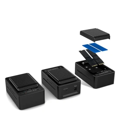 Abbildung von FANTEC 2fach USB3.2 Gen2x2 20GBit/s NVMe Clonestation SSD Dockingstation für 2X PCIe SSDs, interner Lüfter, USB Transferraten bis 20GBit/s, Clonefunktion, großer Kühlkörper, Aluminium, schwarz