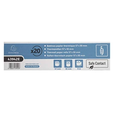 Abbildung von Exacompta 43942E 20er Pack Recycling Thermorollen SafeContact Breite: 57mm, Länge 9m, Durchmesser Kern 12mm, 52g/m² Hitze , Licht und Feuchtigkeitsbeständig blaugrau Kartenzahlung (EC Cash Geräte)