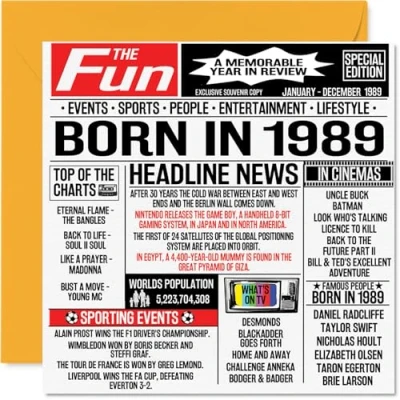 Abbildung von Geburtstagskarte zum 35. Geburtstag für Männer und Frauen Born in 1989 Zeitung Happy 35 Bruder, Schwester, Freunde, Vintage Retro Zurück im Jahr 1989, 145 mm x mm,