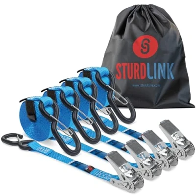 Abbildung von Spanngurte mit Ratsche 5m 25mm Verschluss S Haken LC 400daN / 800daN in U Zweiteilig Zurrgurt 4er Set Ratschengurte für Anhänger Quad Moto Transport Zurrösen Blau Gurtband DIN EN 12195 2