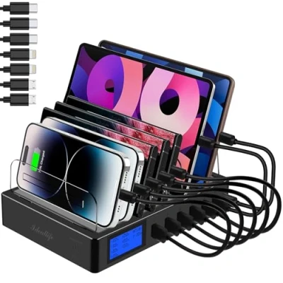 Abbildung von ideallife Ladestation für mehrere Geräte 7 Anschlüsse, schnelles USB Ladegerät mit Typ C PD20W QC3.0, 70W Desktop Dockingstation, kompatibel iPhone, iPad, Samsung, Smartphones i13