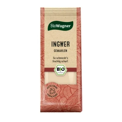Abbildung von BioWagner Bio Ingwer gemahlen fruchtig scharfer Geschmack für Curry , Wokgerichte oder Desserts naturbelassene Zutaten recyclebare Verpackung 30 g