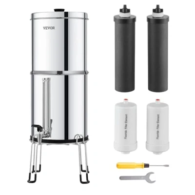Abbildung von VEVOR Schwerkraft Wasserfiltersystem Edelstahl Arbeitsplattensystem 7+7,5L Wasserfiltrationssystem, reduziert Blei und bis zu 99% Chlor, mit 2 Aktivkohlefiltern &amp; Entfluorierungsfiltern Zapfhahn