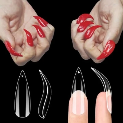 Abbildung von NOVO OVO Gebogene Stiletto Nagelspitzen, Lange gebogen künstliche Nägel, Zum 3D Aufdrücken der Nägel Vollständige Abdeckung, extra curved nail tips, eagle hawk claw Gel Extension x 12 Größen 120 Stück