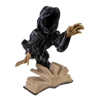 Abbildung von Kremers Schatzkiste Dekofigur Grimreaper liest Buch mit LED Licht Mehrfarbig 21m Figur Polyresin Gothic Deko Geschenk Skulptur Totenschädel