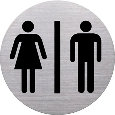 Abbildung von helit H6271100 Piktogramm WC Damen und Herren, Ø115 mm, selbstklebend mit Klebepad, Edelstahl