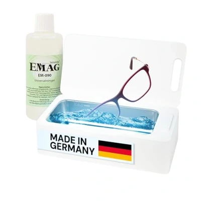 Abbildung von EMAG Emmi 03D Ultraschallreiniger mit Edelstahlwanne 0,45 L Zeitschaltuhr 1 3 5 min und inkl. 100ml EM 090 Universalreiniger, leise &amp; leistungsstark Weiß