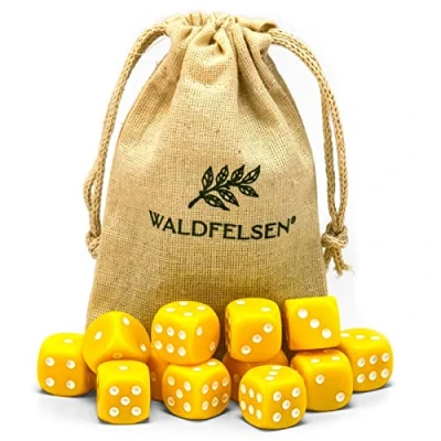 Abbildung von Waldfelsen 6, 12, 20, 30 oder 50 hochqualitative Würfel Standardgröße 16 mm Acrylwürfel Knobel Spielwürfel Dice 6 seitig sechsseitig Spielzubehör Set mit Stoffbeutel (Gelb, 12 Stück)