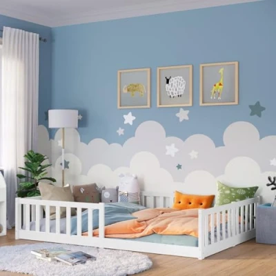Abbildung von Bellabino Hausbett Bia (weiß, 140x200 cm, Bodenbett Vere mit Rolllattenrost und Rausfallschutz), bodentiefes Kinderbett in verschiedenen Ausführungen
