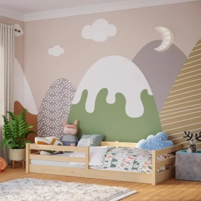 Abbildung von Bellabino Iskri Bodenbett 90x200 cm Montessori Kinderbett mit Rausfallschutz &amp; Lattenrost Holzbett für Jungen Mädchen aus Kiefer Massivholz in Natur Kleinkindbett