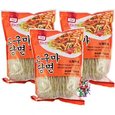 Abbildung von yoaxia ® [ 3x 500g ] Süßkartoffel Fadennudeln/Süßkartoffel Vermicelli + ein kleiner Glücksanhänger
